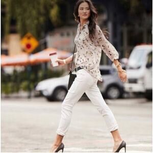 CAbi Matinee Floral Grey Sheer Button Down Medium